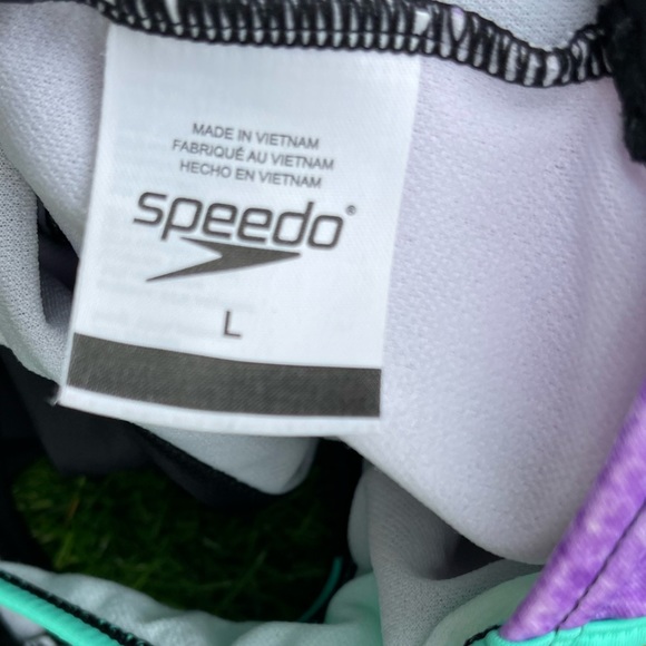 Speedo Swimsuit One Piece Racerback Green Purple Black Lined Girls Lg Preowned - Picture 3 of 4